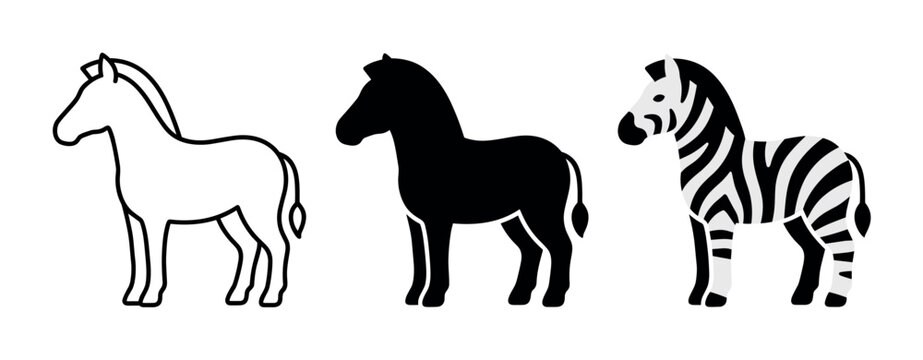 Three stylized zebras in different graphic styles: outline, silhouette, and striped