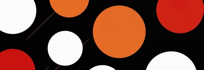 Fototapeta premium Abstract art with orange red white circles on black. Simple geometric shapes create modern vibrant patterns. Minimalist design features bold contrast. Cosmic feel with dots and lines.