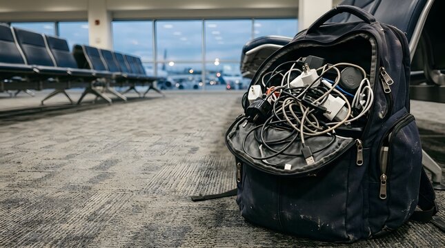 overpacked backpack filled with tangled chargers and cables at airport terminal travel technology organization concept