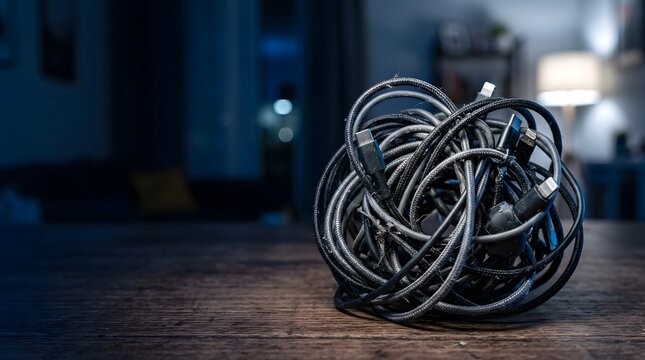 tangled charging cables representing digital overload technology stress and modern subscription fatigue lifestyle concept