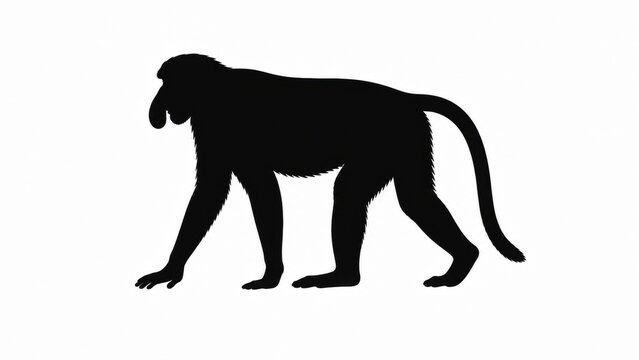 Proboscis monkey silhouette on white background, long-nosed monkey profile view, black primate shape for wildlife design and educational graphics
