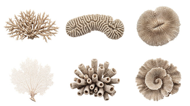 Diverse collection of natural dried coral specimens, including various shapes and intricate textures.