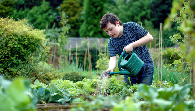 A boy holding a green watering can takes care of fresh crop beds outdoors. Concept of social inclusion, adaptive gardening, diversity, and capability of special needs individuals.
