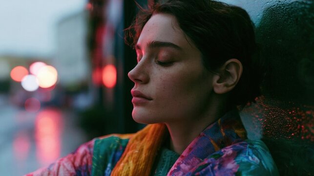 Close-up portrait of a young woman with her eyes closed and her head resting on a wall. she appears to be deep in thought or contemplation.