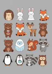 Obraz premium Cute Kawaii Forest and Arctic Animal Characters Collection - Vector Illustration Set of Bears, Foxes, Penguins, and More