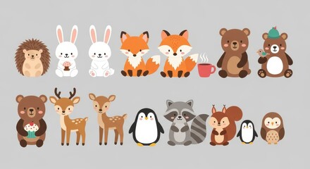 Obraz premium Cute Forest and Arctic Animal Vector Illustration Set Featuring Bear, Fox, Rabbit, Penguin, Deer, and Raccoon for Kids Design