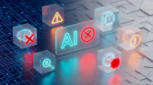Artificial intelligence risks glowing icons on dark circuit board abstract background technology.