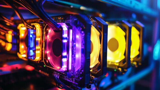 Close up of colorful cryptocurrency mining equipment with illuminated gpu cards and circuit details showing blockchain network technology digital finance data processing futuristic computer hardware