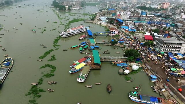 Bangladesh River Life Along Buriganga Waterfront Aerial Footage