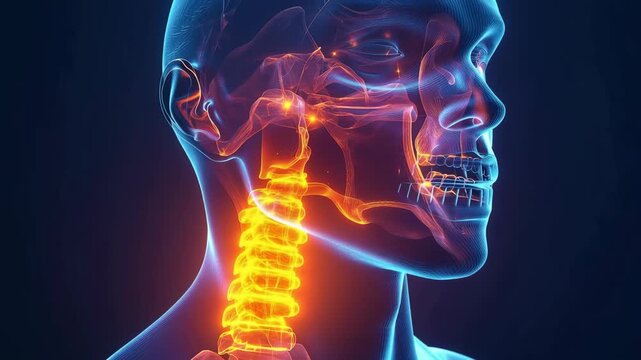 Medical anatomy visualization of human neck pain with glowing cervical spine nerves and skull profile showing inflammation injury diagnosis healthcare treatment and orthopedic neurology concept today