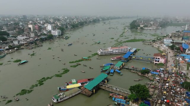 Bangladesh River Life Along Buriganga Waterfront From Above