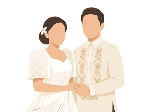 Filipino Traditional Wedding Couple in Barong Tagalog and Filipiniana Dress Flat Vector Illustration