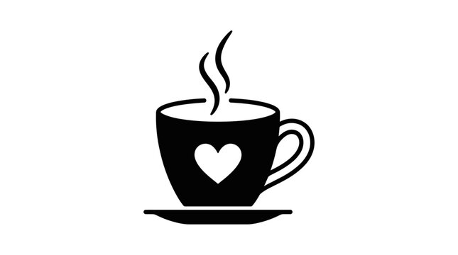 Minimalist black coffee cup icon with heart symbol.