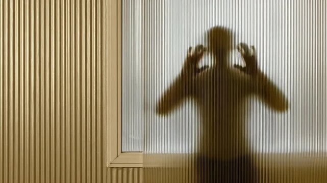 Blurred silhouette of a person seen through frosted glass window with vertical line pattern