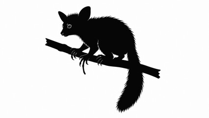 Fototapeta premium Black aye-aye silhouette on white background, nocturnal lemur primate on tree branch, wild animal profile for nature education and wildlife conservation