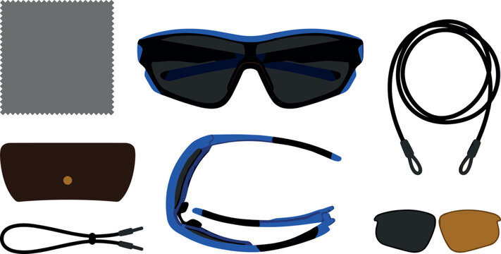 Flat vector graphic illustration featuring a set of classic eyewear styles including thick square frames cat eye sunglasses and aviators on white.
