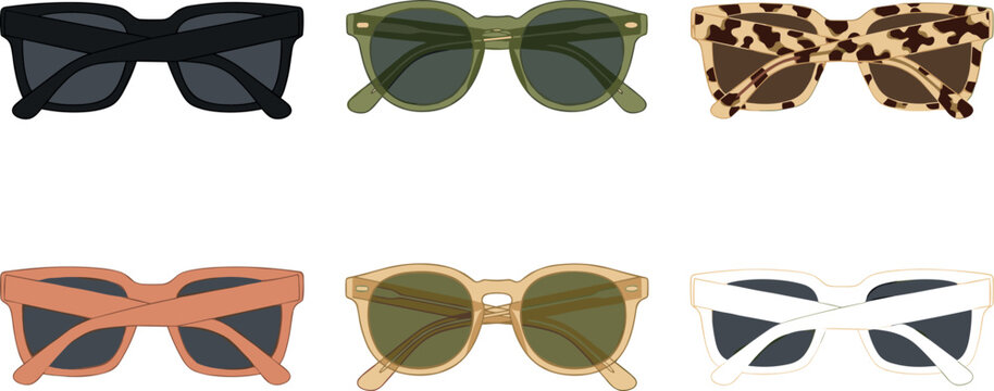 Flat vector graphic illustration featuring a collection of trendy colorful sunglasses and tortoise shell eyewear frames on white background.