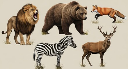 Fototapeta premium Collection of Wild Animals: Roaring Lion, Brown Bear, Red Fox, Zebra, and Deer with Antlers Illustration