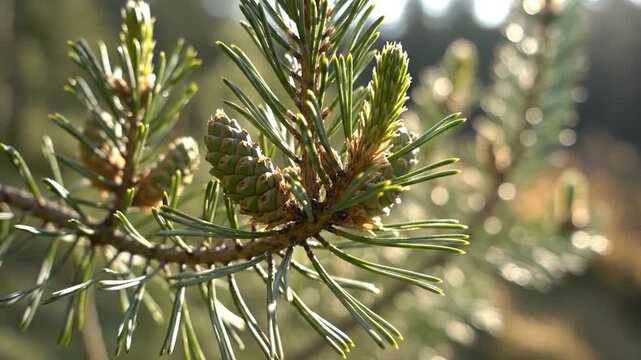 Close up of green pine cones and needles on a branch in golden sunlight