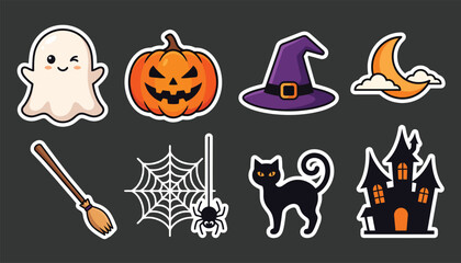 Halloween stickers with ghost, pumpkin, witch hat, moon, broom, spider web, cat, and haunted house on dark background © firoz
