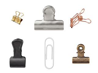 Various metal office clips for paper organization, including binder clips and bulldog clips. © Jane
