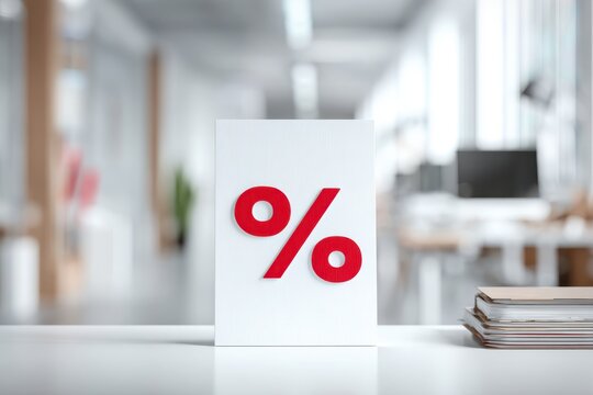 Percentage red sign object standing on white desk. Office background, copy space. Symbol percent. Seasonal sale discount. Rate for finance return. Investment ROI, credit mortgage, marketing, promotion
