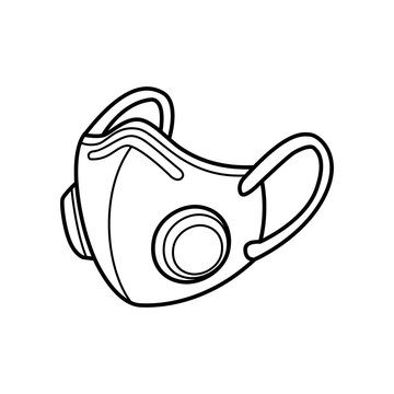 Isometric line art icon of a futuristic medical respirator mask. Clean outline symbol for advanced breathing protection, antiviral safety, and healthcare.
