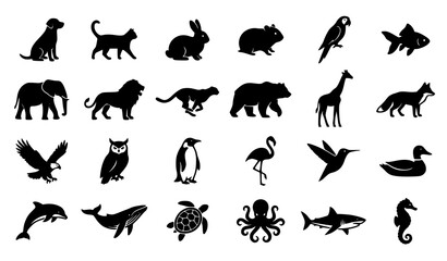 Wildlife Animal Silhouette Collection Featuring Mammals Birds Marine Creatures and Reptile Species © Sukumary