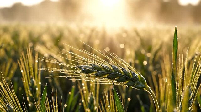 Close up of green wheat head with dew drops in golden sunrise light