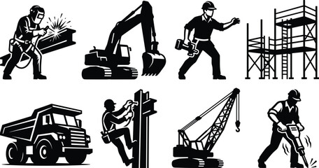Construction site operations silhouette set featuring builders welding using jackhammer scaffolding heavy machinery excavator dump truck and crane © MdAbdur