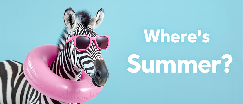 Trendy zebra in sunglasses with a colorful inflatable pool ring standing next to a &ldquo;Where is Summer&rdquo; sign on a blue studio backdrop, playful vacation-themed concept