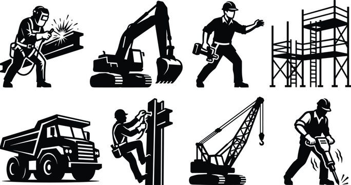 Construction site operations silhouette set featuring builders welding using jackhammer scaffolding heavy machinery excavator dump truck and crane