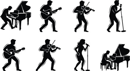 Musician and singer silhouette collection featuring performers playing piano acoustic guitar violin and singing into microphones live on stage © MdAbdur