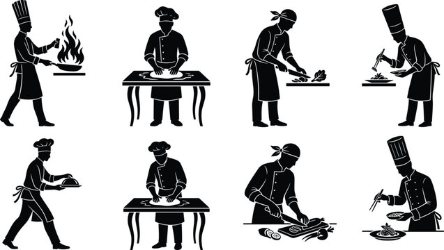 Professional chef silhouette icon set featuring cooks flambeing kneading dough cutting vegetables plating food and serving dishes in restaurant kitchen