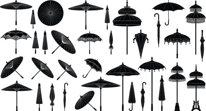 Traditional Asian Parasol and Oriental Umbrella Silhouette Set Featuring Balinese Tedung Japanese Oil Paper Umbrellas and Vintage Decorative Parasol Elements Vector