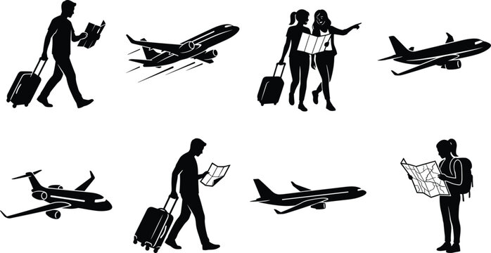 Travel and aviation silhouette collection featuring tourists walking with luggage reading maps and airplanes flying for vacation concepts