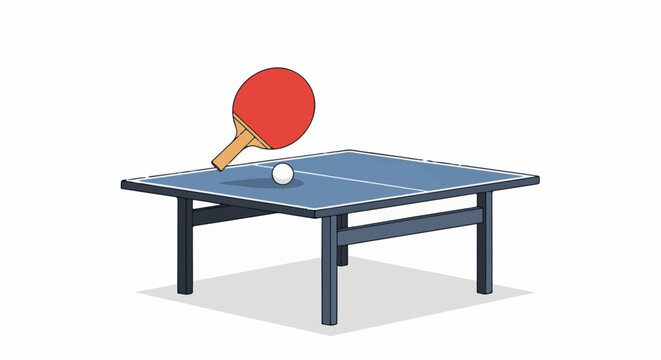 A red ping pong paddle poised over a blue table with a white ball