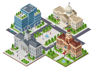Naklejka premium Isometric city square with government buildings and a modern office