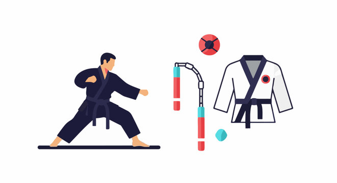 Flat design of a martial artist in a dark gi performing a stance with nunchaku and uniform