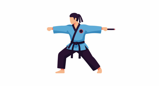 Flat illustration of a person in martial arts attire performing a kata with a staff