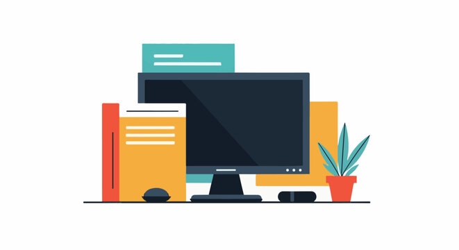 Flat design desktop computer setup with books, mouse, pen, and potted plant