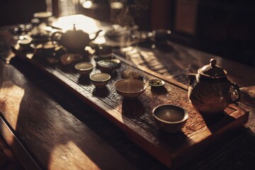 Obraz premium tea ceremony table with long wooden cha-pan tray, intimate slow-tasting ritual atmosphere