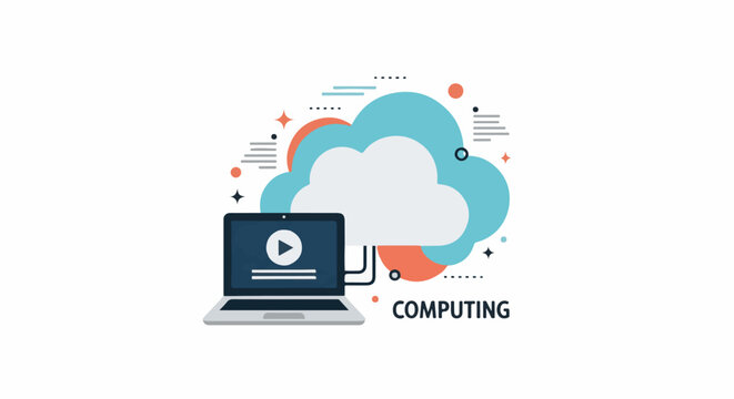 A laptop connects to a cloud icon, with abstract shapes and stars, and the word "COMPUTING" below