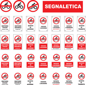 Cartelli di segnaletica stradale e divieto per biciclette, sentiero chiuso e inagibile, divieto di transito e accesso in mountain bike, icone vettoriali per ciclisti.