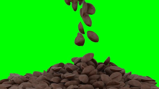 3d animation of Coffee beans fall onto a pile isolated on green screen background
