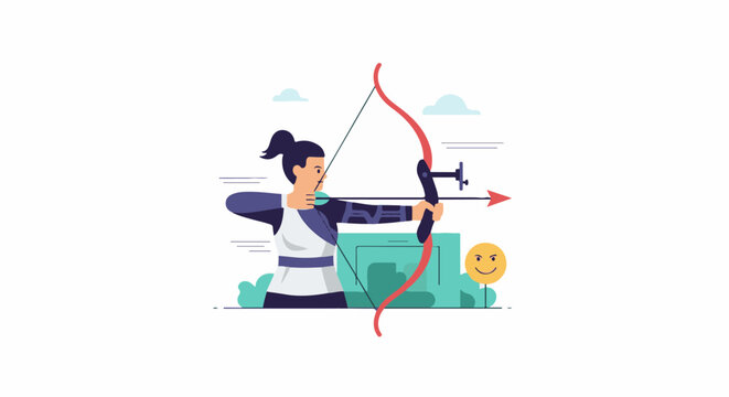Focused archer draws bow, arrow aimed, facing target, with clouds and emoji