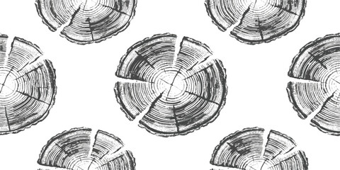 Obraz premium Seamless pattern with black wood tree log cross section rings illustration drawing on a simple minimal style