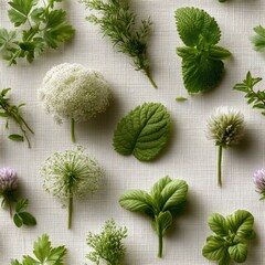 Obraz premium Fresh green herbs arranged on linen fabric, botanical flat lay, natural wellness concept, organic ingredients, garden freshness.
