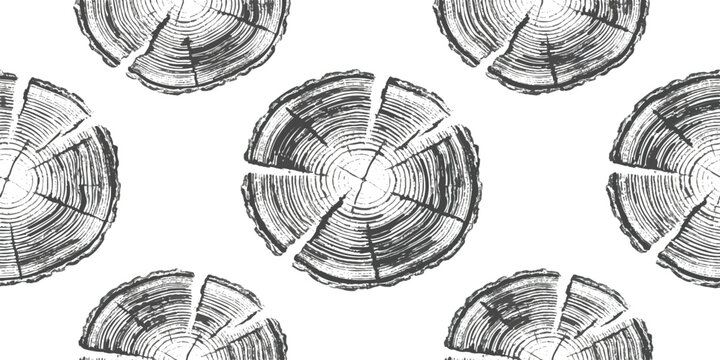 Seamless pattern with black wood tree log cross section rings illustration drawing on a simple minimal style
