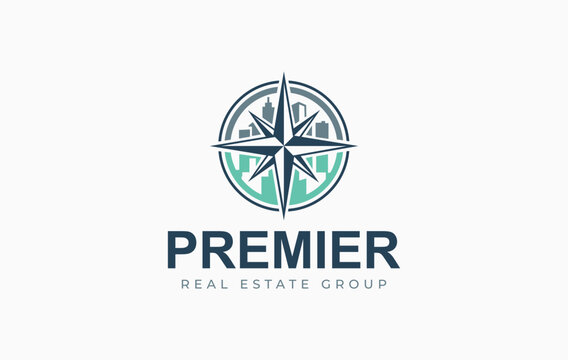 Commercial real estate logo template featuring a prominent compass star over a city skyline badge for luxury property investment and global brokerage services